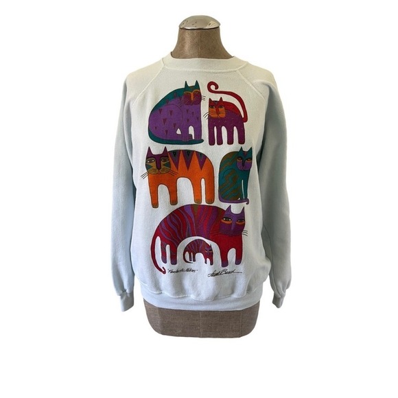Laurel Burch Tops - Laurel Burch Fantastic Felines Sweatshirt Light Blue Vintage Art Cats Graphic
